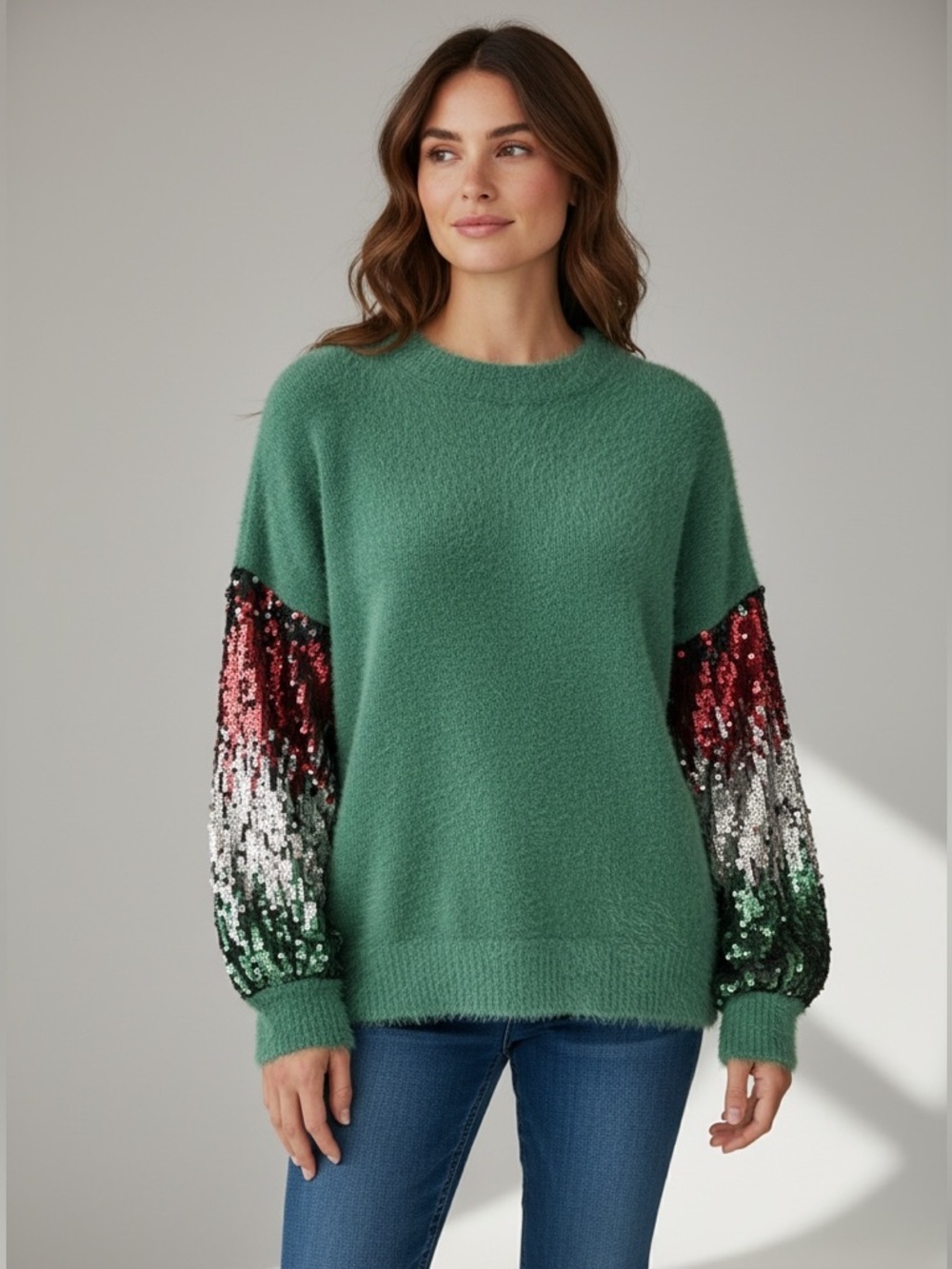 ANDTHEWHY ladies small/medium green crewneck, fun fuzzy sweater